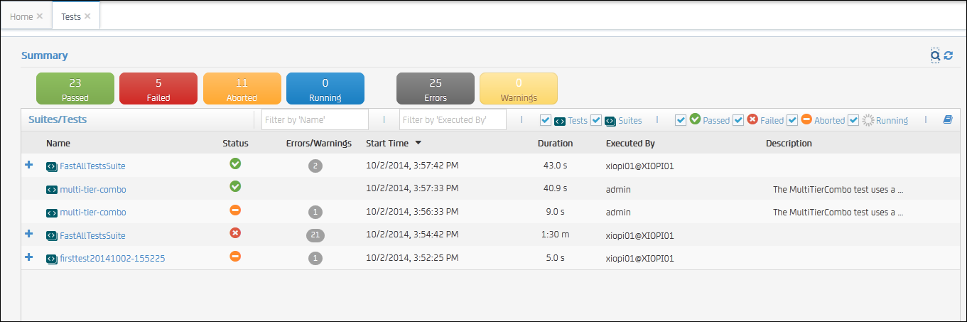 Monitor Tests and Suites window