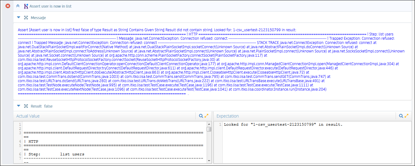 Result of a fired assertion in the DevTest Portal, Monitor Tests