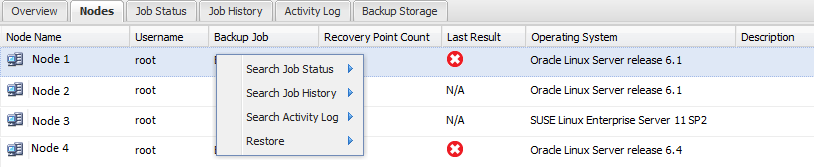 Context menu for the Nodes tab