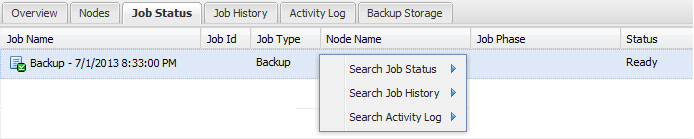 Context menu for the Job Status tab