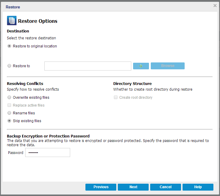 This diagram displays the available options in Restore Options dialog