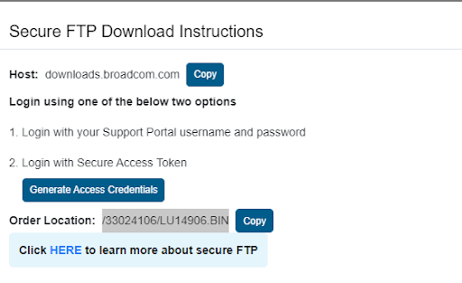 This image shows sample Secure FTP download instructions. Specifically, you must enter your user ID and password or use a secure access token.